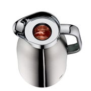 Edelstahlkanne mit glänzendem Deckel und Griff, von oben betrachtet