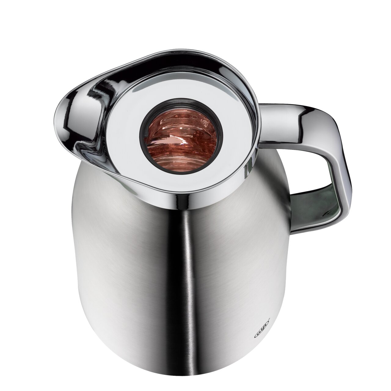 Edelstahlkanne mit glänzendem Deckel und Griff, von oben betrachtet