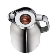 Edelstahlkanne mit glänzendem Deckel und Griff, von oben betrachtet