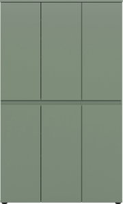 Grüner, minimalistischer Schrank mit sechs glatten Türen in zwei Reihen, frontale Ansicht.