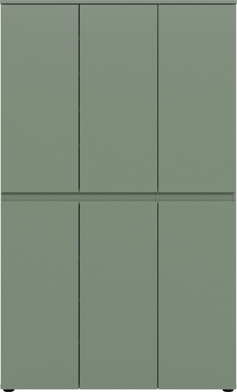 Grüner, minimalistischer Schrank mit sechs glatten Türen in zwei Reihen, frontale Ansicht.