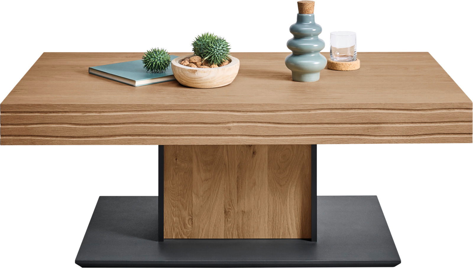 Moderner Couchtisch aus Holz mit Dekorationen, seitliche Perspektive