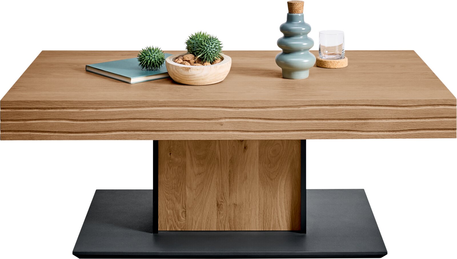 Moderner Couchtisch aus Holz mit Dekorationen, seitliche Perspektive