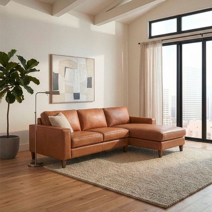 Modernes braunes Leder-Ecksofa mit Chaiselongue rechts in hellem Wohnzimmer neben großer Fensterfront; Perspektive: leicht schräg von vorn.
