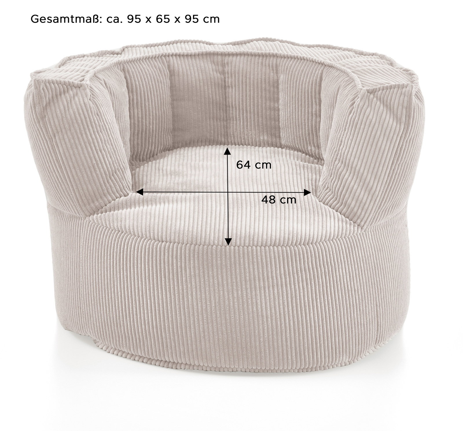 Großer, beiger Sitzsack mit geripptem Stoff, abgebildet aus einer leicht erhöhten Perspektive, mit den Maßen 95 x 65 x 95 cm.