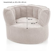 Großer, beiger Sitzsack mit geripptem Stoff, abgebildet aus einer leicht erhöhten Perspektive, mit den Maßen 95 x 65 x 95 cm.