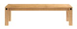 Holzbank in natürlicher Holzfarbe, frontal betrachtet, mit klaren Linien und robustem Design.
