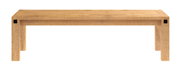 Holzbank in natürlicher Holzfarbe, frontal betrachtet, mit klaren Linien und robustem Design.