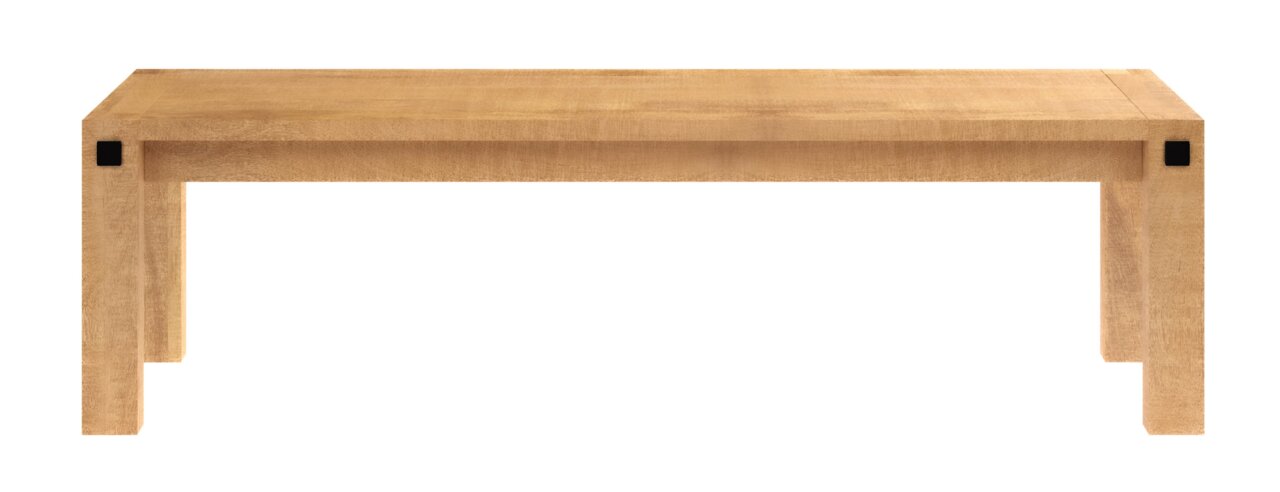 Holzbank in natürlicher Holzfarbe, frontal betrachtet, mit klaren Linien und robustem Design.