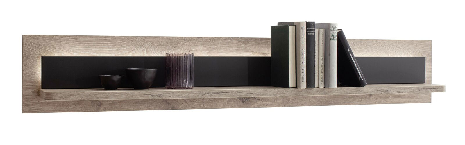 Zurbrüggen Wandboard MODENA Wandboard aus Holz mit dunkler Rückwand, dekoriert mit Büchern und Vasen, seitliche Perspektive