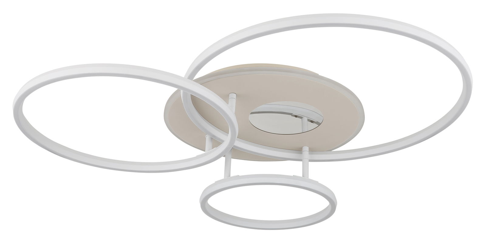 Moderne LED-Deckenleuchte mit drei weißen, ineinander verschlungenen Ringen, seitliche Perspektive