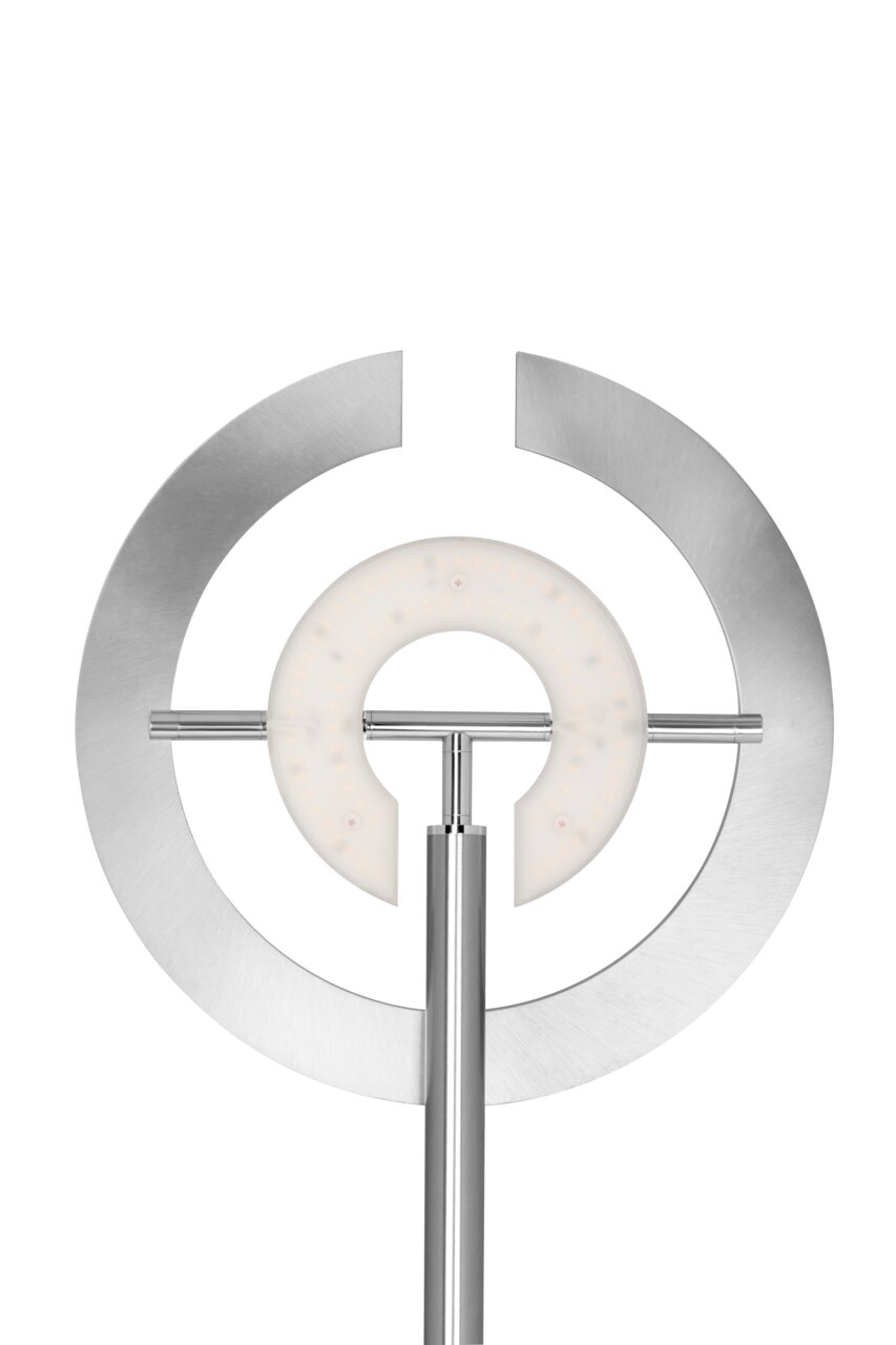 Moderner LED-Deckenfluter mit kreisförmigem Design aus Metall, Frontalansicht.