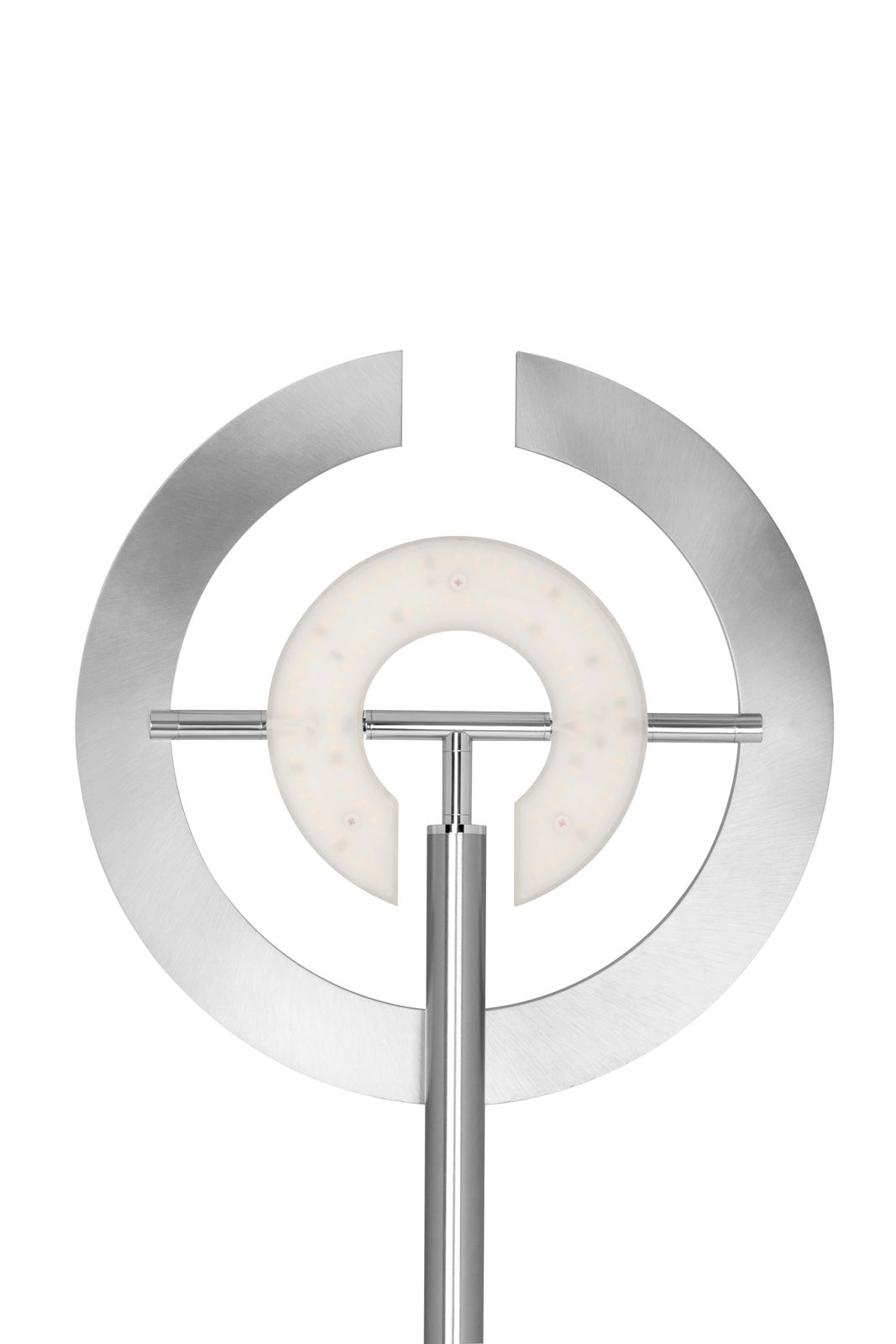 Moderner LED-Deckenfluter mit kreisförmigem Design aus Metall, Frontalansicht.