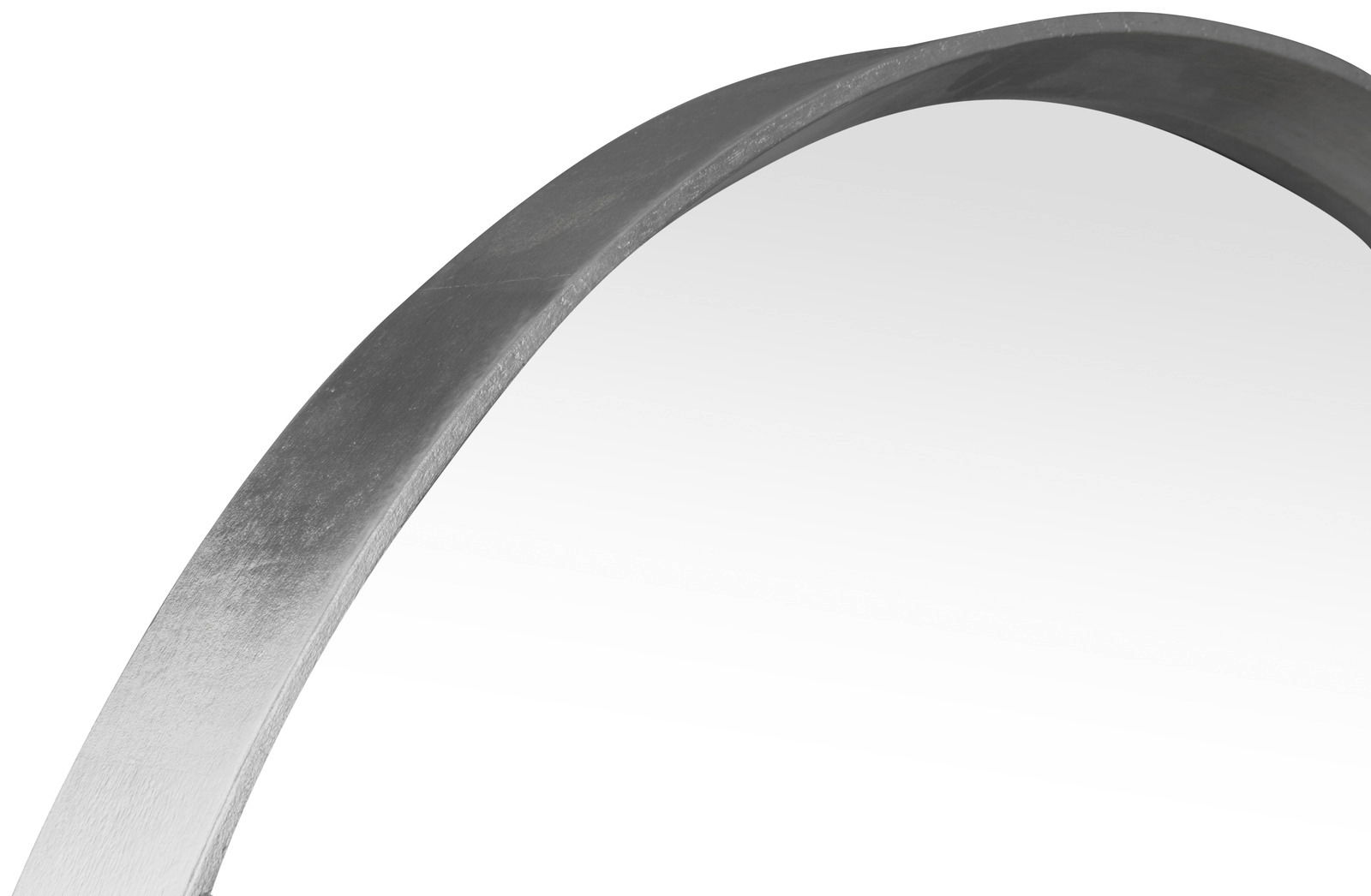 Nahaufnahme eines runden Spiegels mit einem grauen Rahmen, Perspektive von der Seite