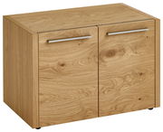 Garderobenbank aus Holz mit zwei Türen und silbernen Griffen, Perspektive von vorne links