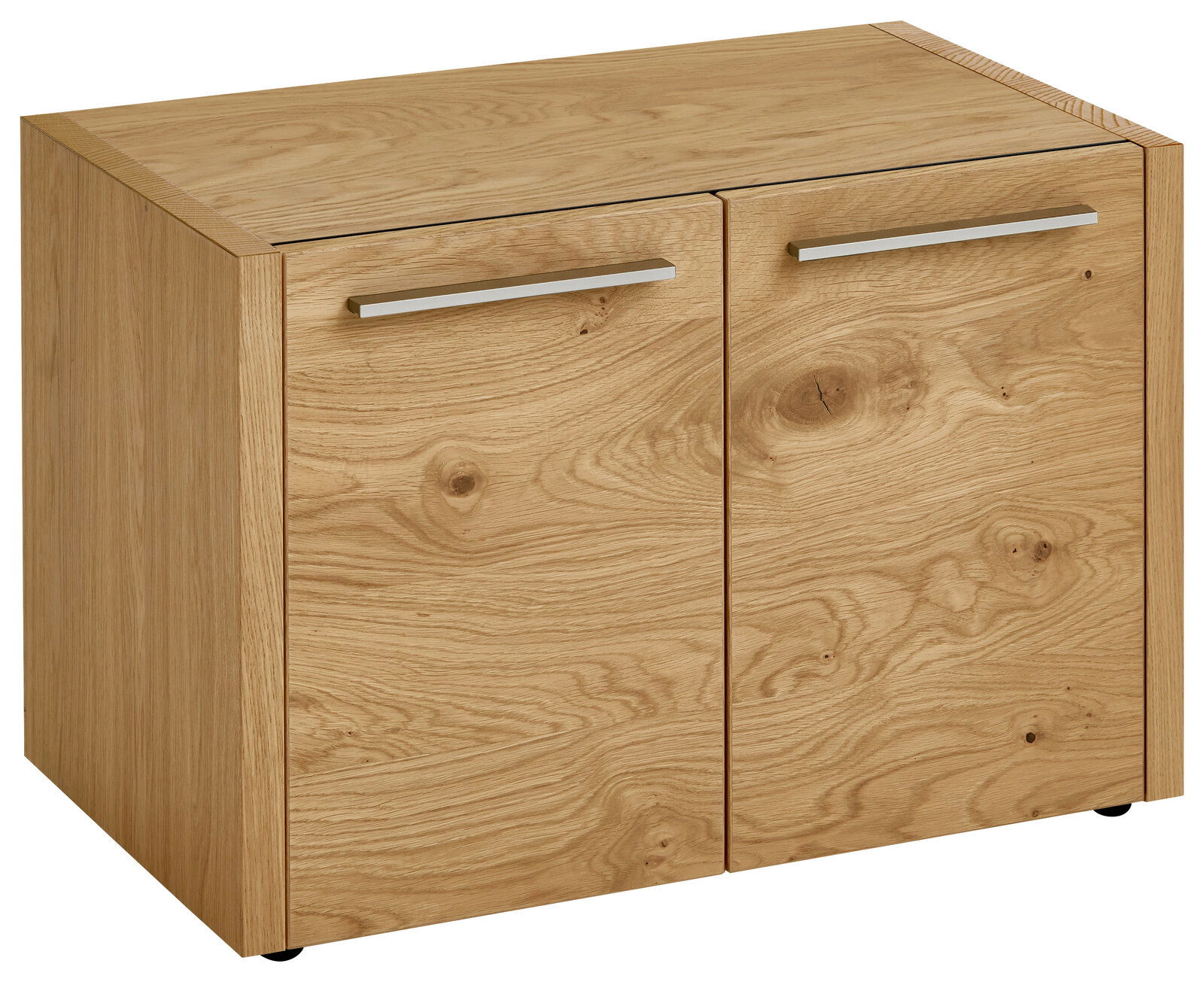 Garderobenbank aus Holz mit zwei Türen und silbernen Griffen, Perspektive von vorne links