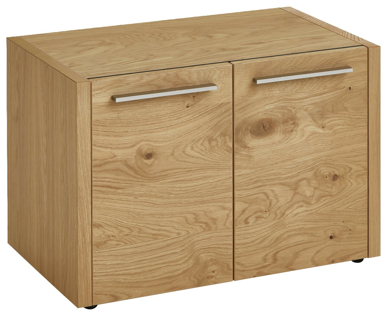 Garderobenbank aus Holz mit zwei Türen und silbernen Griffen, Perspektive von vorne links