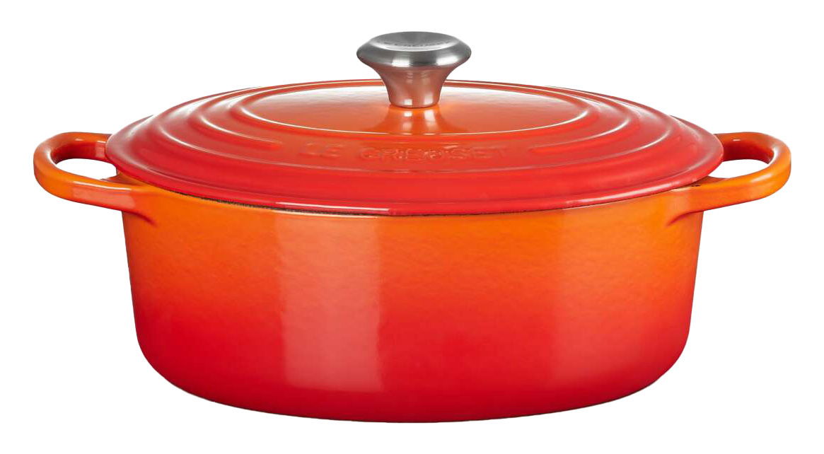 Ovaler Bräter in Ofenrot mit Deckel, seitliche Perspektive