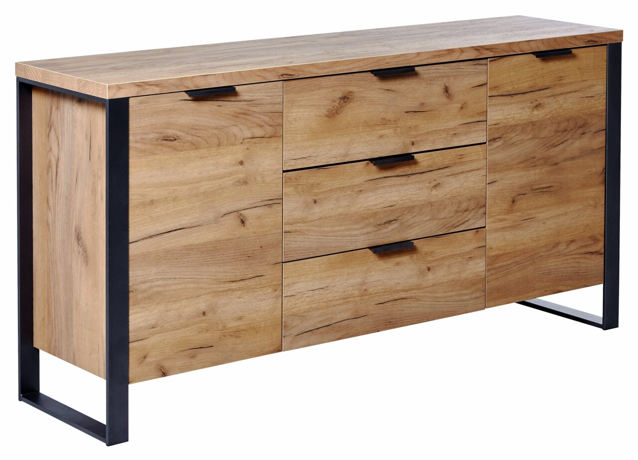 Modernes Sideboard aus Holz mit Metallrahmen, seitliche Perspektive