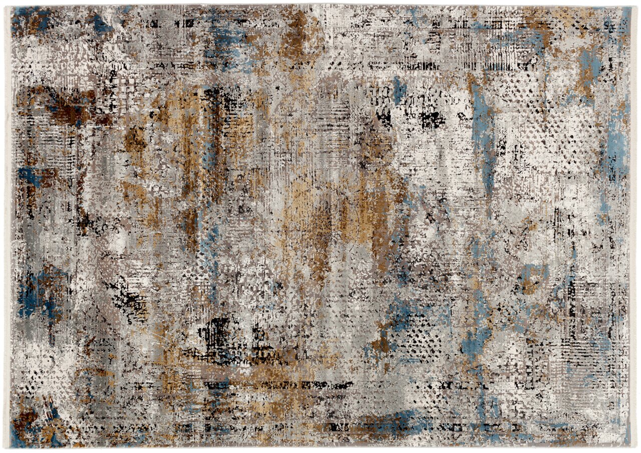 Designer Teppich mit abstraktem Muster in Beige, Blau und Braun, Draufsicht