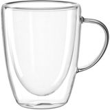 Doppelwandige Glastasse mit Henkel, seitliche Perspektive