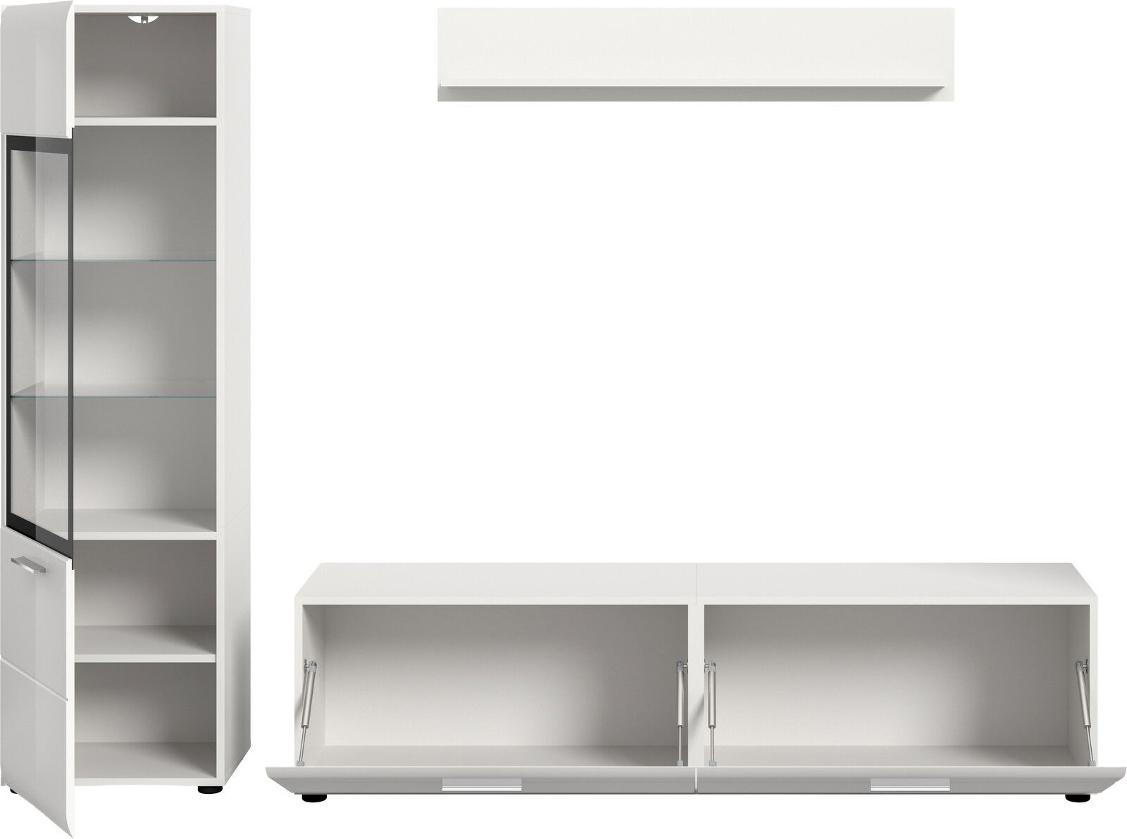 Weißes Wohnmöbel-Set mit hoher Vitrine mit Glastür und Glasböden sowie niedrigem TV-Lowboard mit zwei Klappen, frontale Ansicht mit leicht seitlicher Perspektive