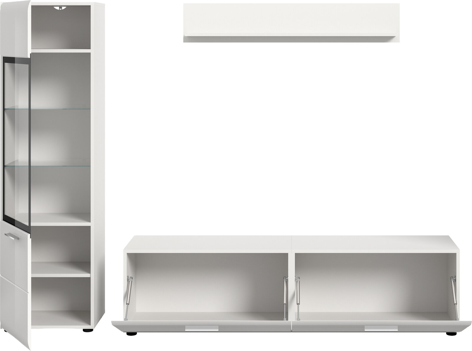 Weißes Wohnmöbel-Set mit hoher Vitrine mit Glastür und Glasböden sowie niedrigem TV-Lowboard mit zwei Klappen, frontale Ansicht mit leicht seitlicher Perspektive