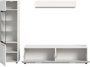 Weißes Wohnmöbel-Set mit hoher Vitrine mit Glastür und Glasböden sowie niedrigem TV-Lowboard mit zwei Klappen, frontale Ansicht mit leicht seitlicher Perspektive