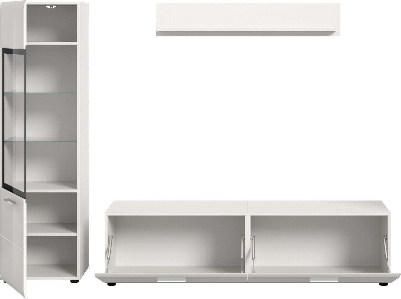 Weißes Wohnmöbel-Set mit hoher Vitrine mit Glastür und Glasböden sowie niedrigem TV-Lowboard mit zwei Klappen, frontale Ansicht mit leicht seitlicher Perspektive