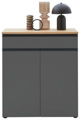 Frontansicht einer modernen Kombi-Kommode in dunklem Grau mit hellem Holzdeckel, dekoriert mit stilvollen Vasen und einer Lampe.