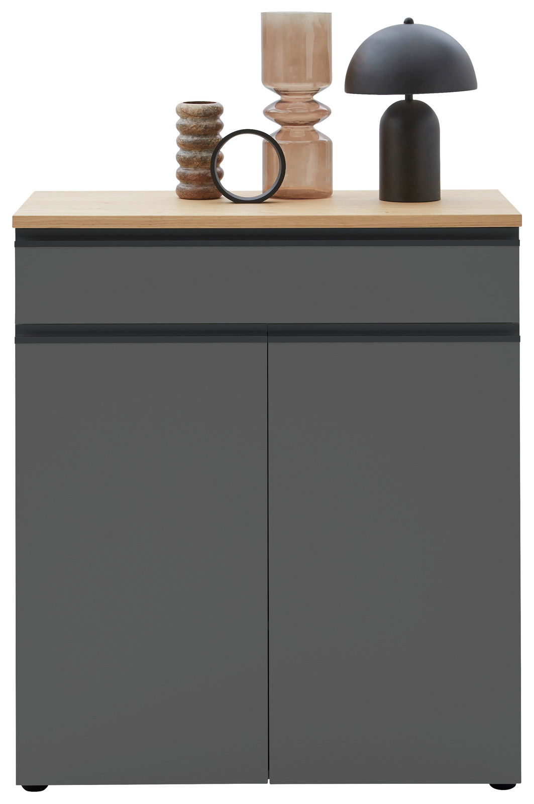Frontansicht einer modernen Kombi-Kommode in dunklem Grau mit hellem Holzdeckel, dekoriert mit stilvollen Vasen und einer Lampe.