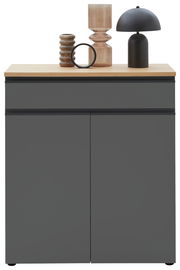 Frontansicht einer modernen Kombi-Kommode in dunklem Grau mit hellem Holzdeckel, dekoriert mit stilvollen Vasen und einer Lampe.