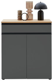 Frontansicht einer modernen Kombi-Kommode in dunklem Grau mit hellem Holzdeckel, dekoriert mit stilvollen Vasen und einer Lampe.