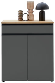 Frontansicht einer modernen Kombi-Kommode in dunklem Grau mit hellem Holzdeckel, dekoriert mit stilvollen Vasen und einer Lampe.