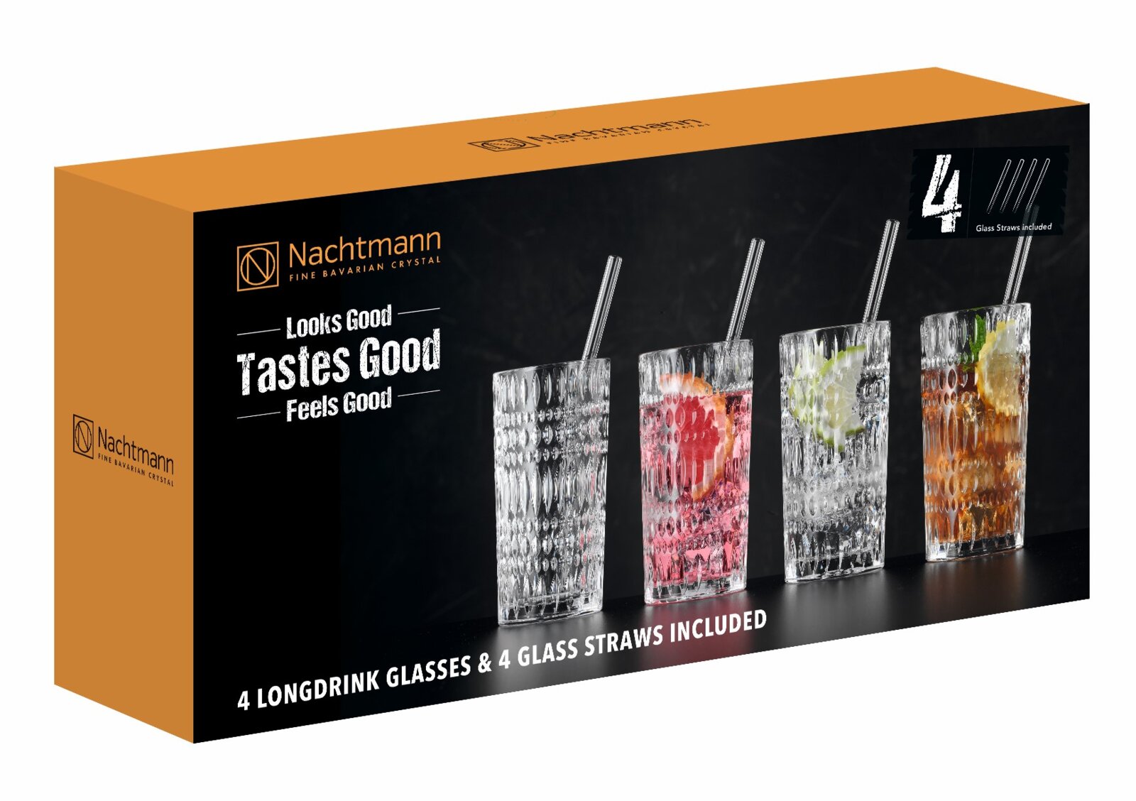 Nachtmann verpakking met set van 4 longdrinkglazen en 4 glazen rietjes, getoond in schuin vooraanzicht met afbeelding van vier gevulde glazen op de doos