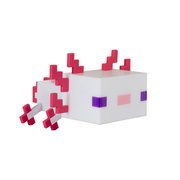 Weißer, quaderförmiger Spielzeugblock mit pinken, kreuzförmigen Steckelementen und kleinen violett/rosa Details, freigestellt auf weißem Hintergrund, in schräger Seitenansicht von vorn rechts.