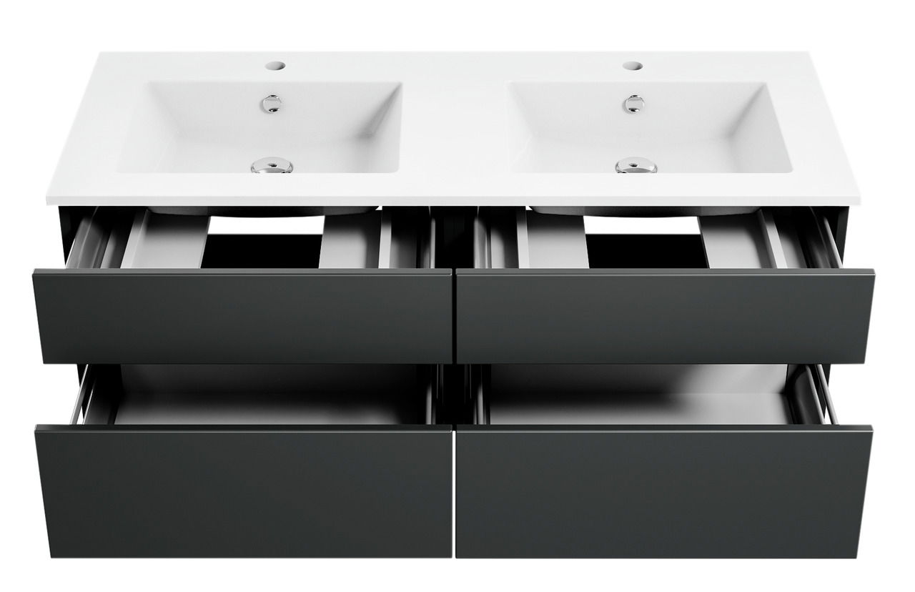 Moderne Badkombination mit zwei Waschbecken und vier offenen Schubladen, Ansicht von vorne.