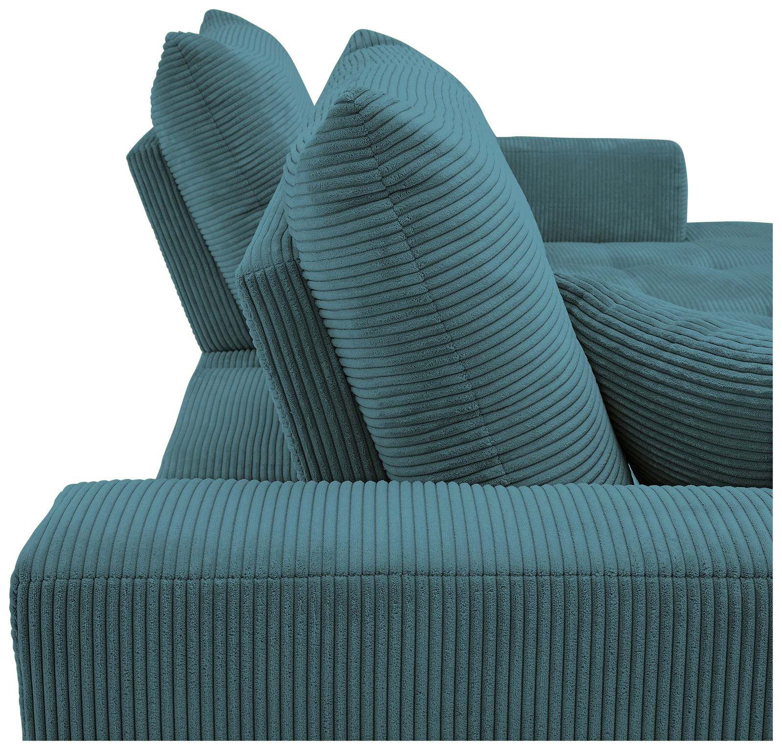Nahaufnahme einer modernen, türkisfarbenen Sofaecke mit geripptem Stoffbezug, seitliche Perspektive.