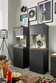 Moderne schwarze Vitrine mit Glaseinsatz und Holzdetails, frontal fotografiert, dekoriert mit Kunstobjekten und Büchern.