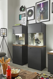 Moderne schwarze Vitrine mit Glaseinsatz und Holzdetails, frontal fotografiert, dekoriert mit Kunstobjekten und Büchern.