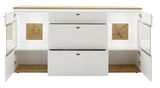 Frontale Ansicht eines modernen Sideboards mit offenen Türen und Schubladen, weiß mit Holzelementen.