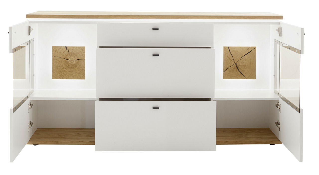 Frontale Ansicht eines modernen Sideboards mit offenen Türen und Schubladen, weiß mit Holzelementen.