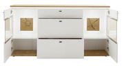 Frontale Ansicht eines modernen Sideboards mit offenen Türen und Schubladen, weiß mit Holzelementen.