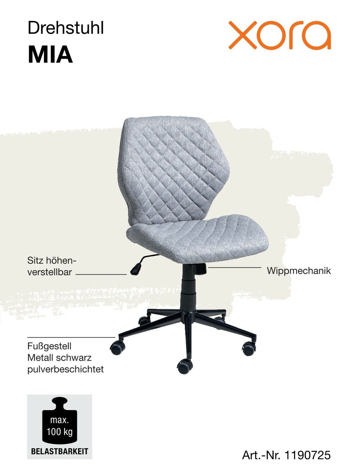 Grauer Drehstuhl MIA mit höhenverstellbarem Sitz, Wippmechanik und schwarzem, pulverbeschichtetem Metallfußgestell, seitliche Perspektive.