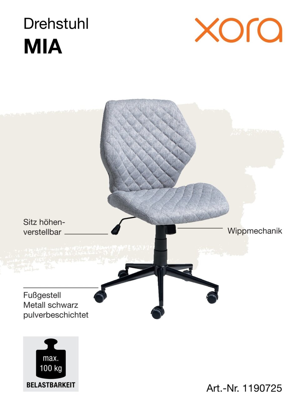 Grijze draaistoel MIA met in hoogte verstelbare zitting, kantelmechanisme en zwart, gepoedercoat metalen onderstel, zijaanzicht.