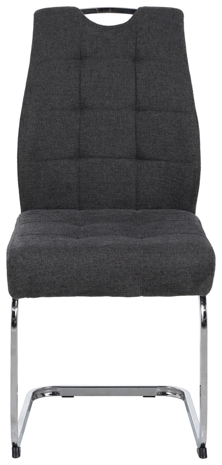 Moderner Schwingstuhl mit grauem Stoffbezug und verchromtem Gestell, Frontalansicht