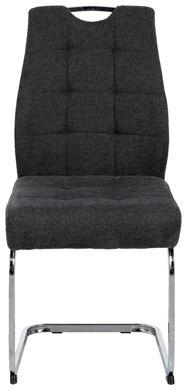 Moderner Schwingstuhl mit grauem Stoffbezug und verchromtem Gestell, Frontalansicht