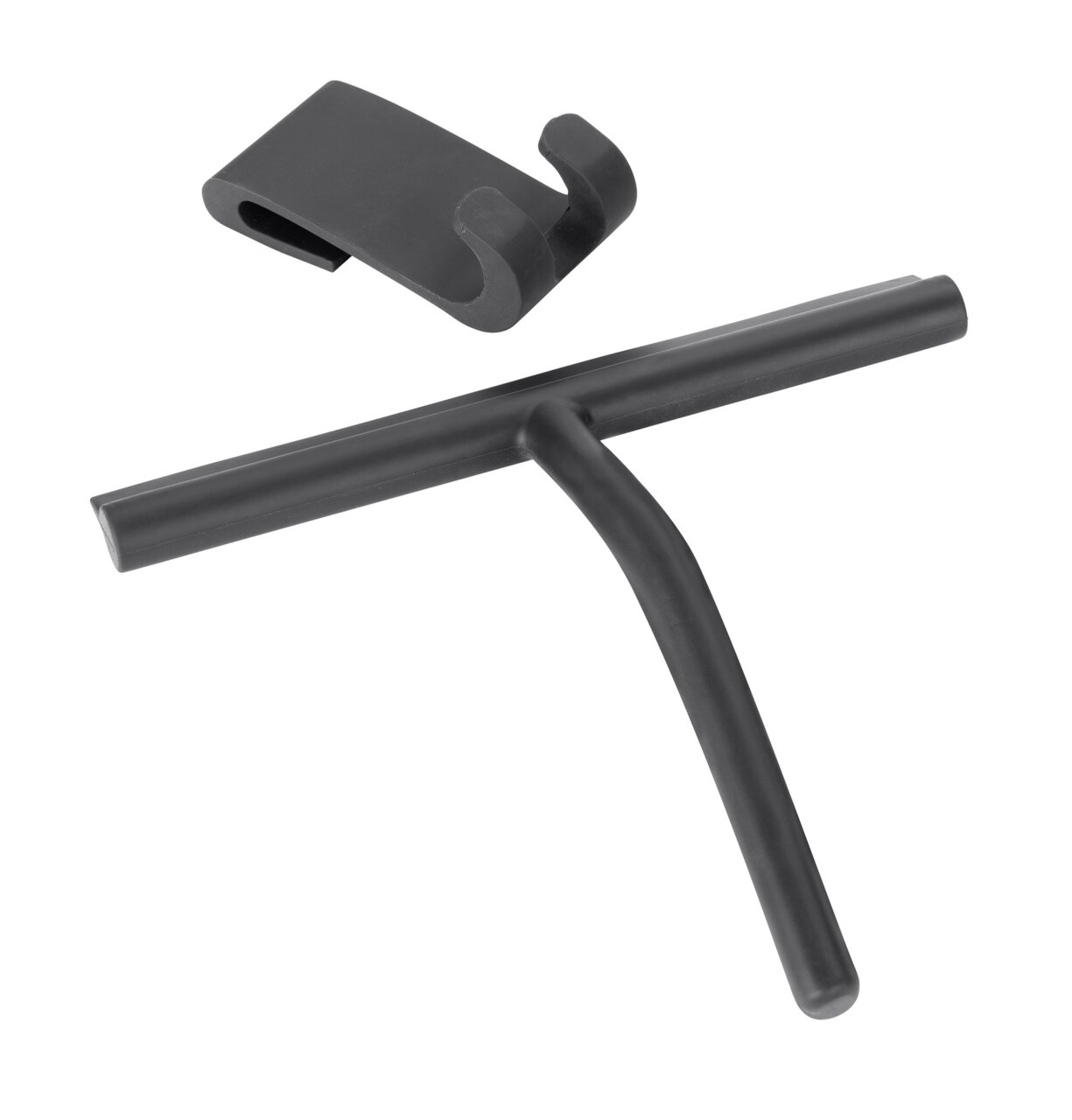 Schwarzer Badezimmerwischer aus Silikon mit Wandhalterung, Ansicht von oben.