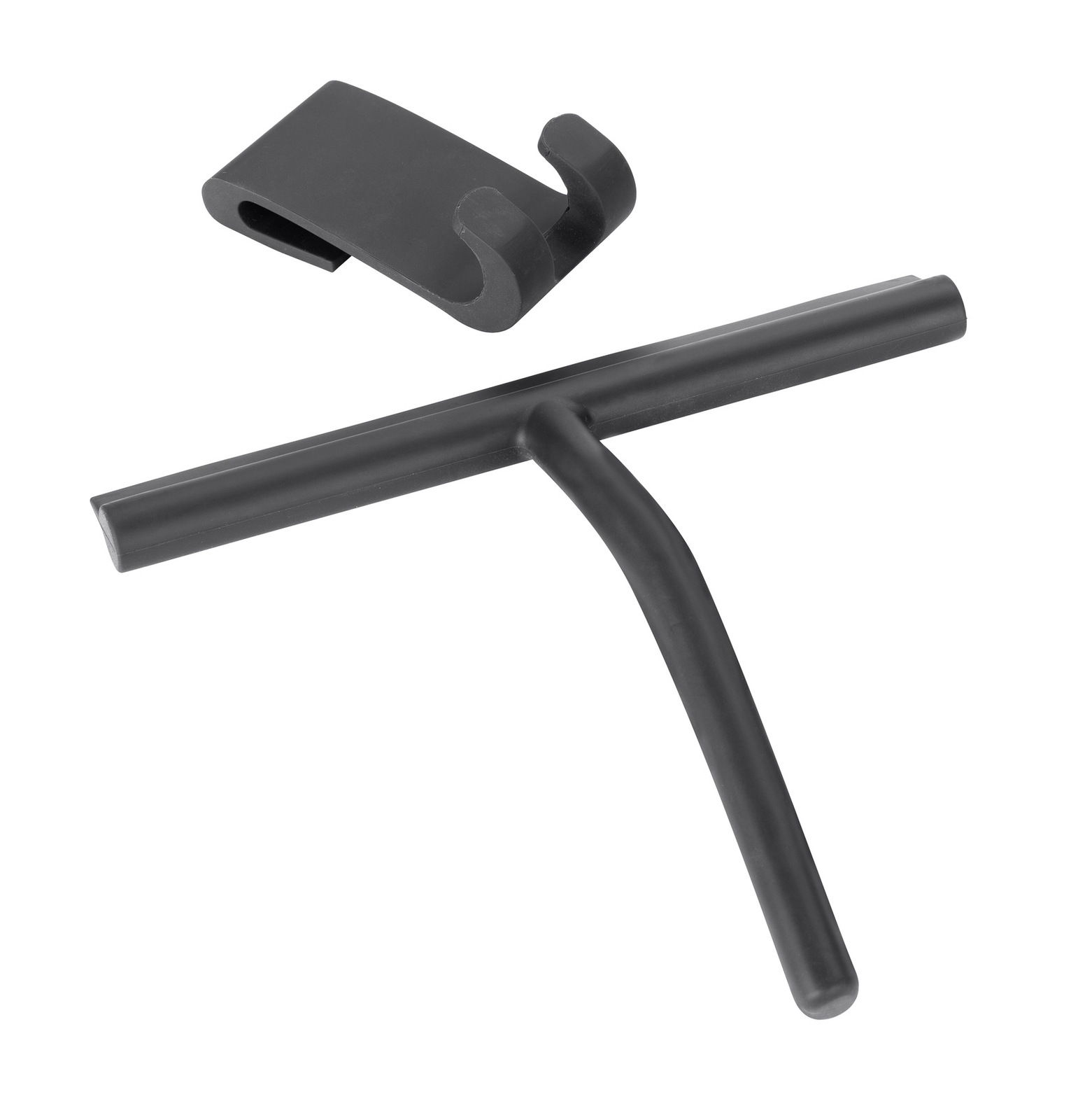 Schwarzer Badezimmerwischer aus Silikon mit Wandhalterung, Ansicht von oben.