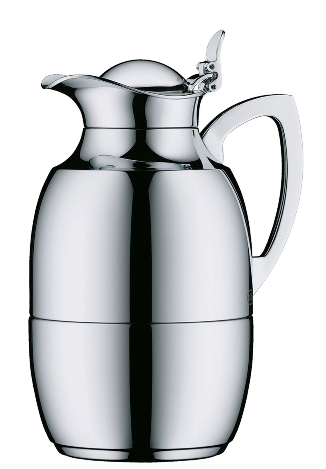 Elegante Isolierkanne Juwel aus glänzendem Metall, seitliche Perspektive